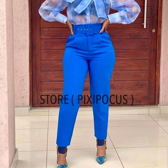 ZARA BELTED HIGH-WAISTED PANTS BLUE